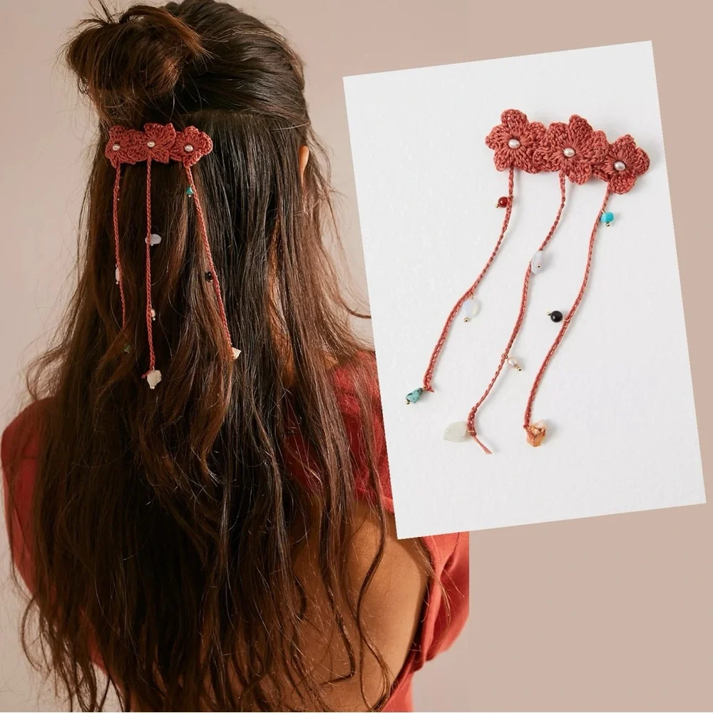 Free People Bohemian Crochet Ariana Ost Blooms Barrette NWT Semi Precious Stones